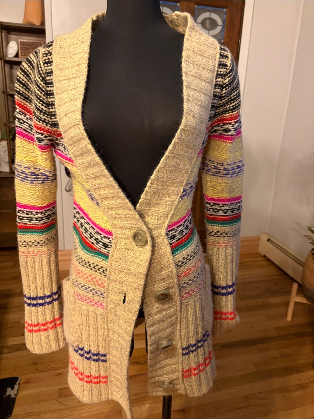 We the Free Colorful Striped Shawl-Collar Cardigan Sweater - Beige